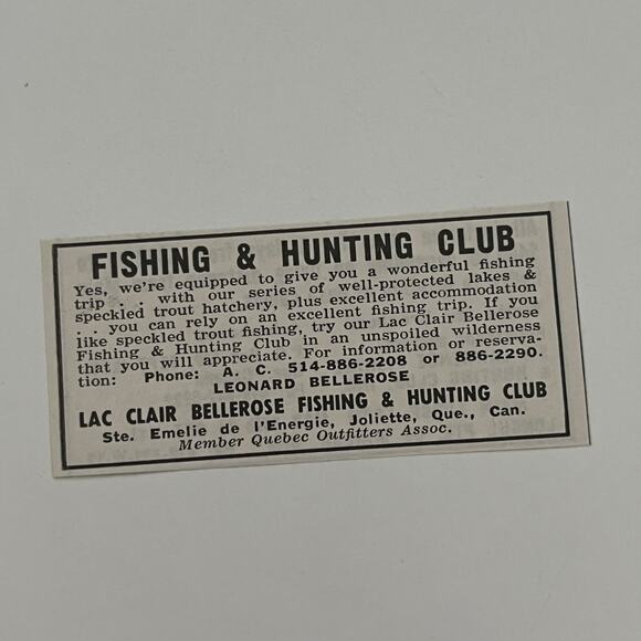 Lac Clair Bellerose Fishing & Hunting Club Quebec 1965 Magazine Ad SAH1-S34 - Picture 1 of 2